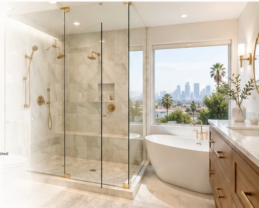 Warm luxury bathroom with glass shower and freestanding tub